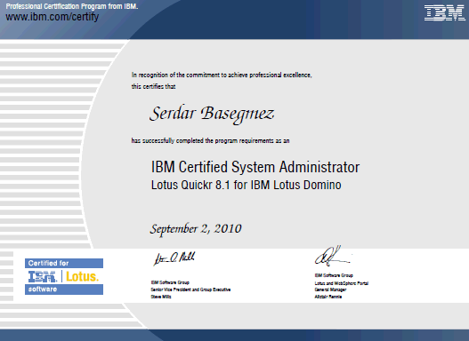 Image:Sertifikalandım: Certified System Administrator - Lotus Quickr 8.1 for Domino